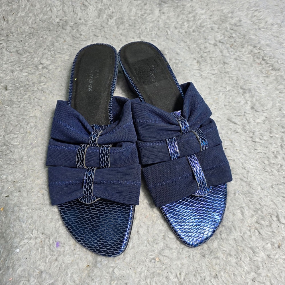 Ros Hommerson Slide Sandals Navy Blue Snakeskin Bow Wedge Women 8.5 Excellent